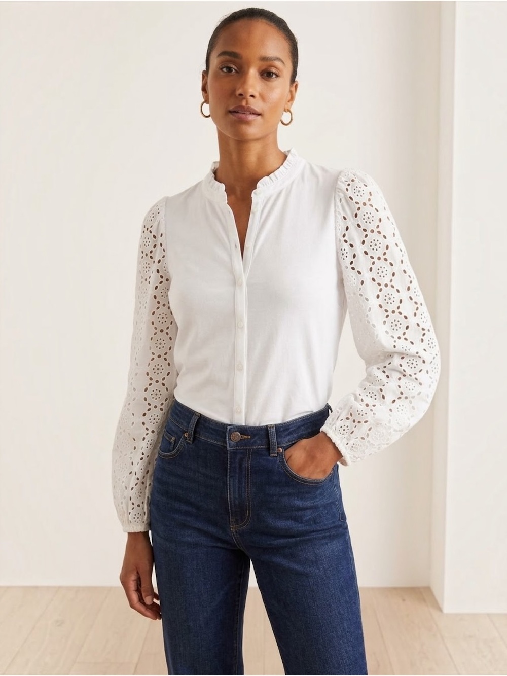 NWT Boden White Eyelet Full Sleeve Button Down Blouse Size 6